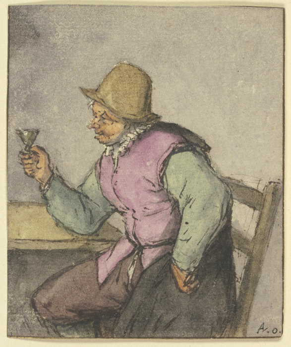 An einem Tisch sitzender Bauer mit Glas, nach links à Adriaen van Ostade