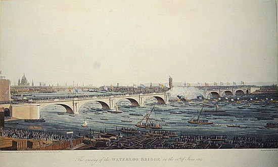 The Opening of the Waterloo Bridge on the 18th of June, 1817, etched by A. Pugin from a drawing à Augustus Charles