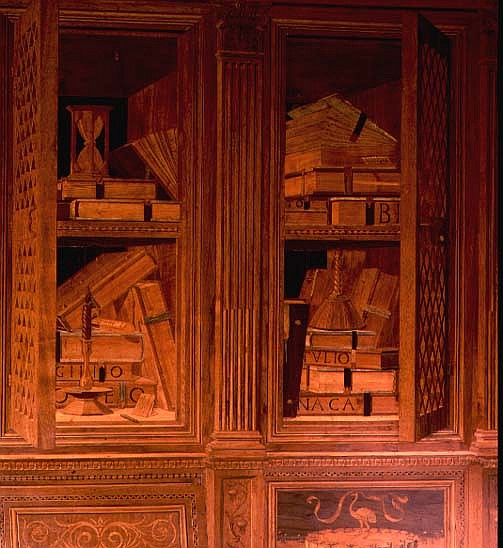 The Study of Federigo da Montefeltro, Duke of Urbino: intarsia panelling depicting a cupboard with l à Baccio Pontelli