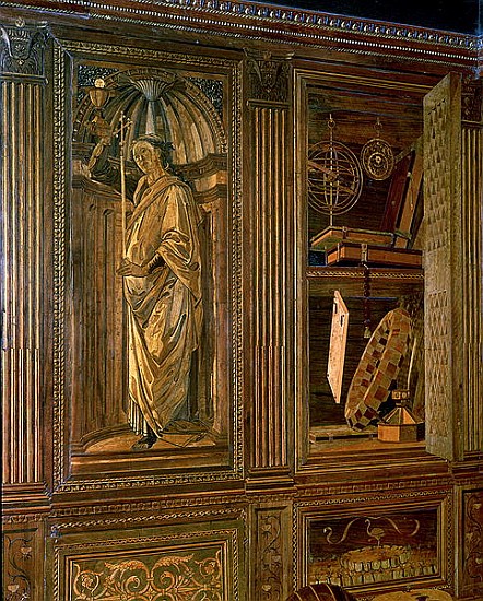 The Study of Federigo da Montefeltro, Duke of Urbino: intarsia panelling depicting (L) a cupboard co à Baccio Pontelli