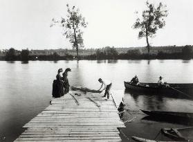 Scène de canotage en Ile-de-France, environ 1880  (photo noir & blanc) 