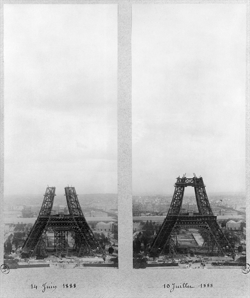 Two views of the construction of the Eiffel Tower, Paris, 14th June and 10th July 1888 (b/w photo)  à Photographe français
