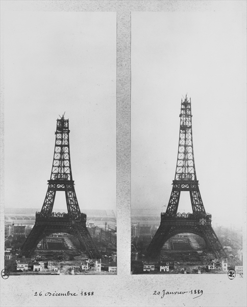 Two views of the construction of the Eiffel Tower, Paris, 26th December 1888 and 20th January 1889 ( à Photographe français