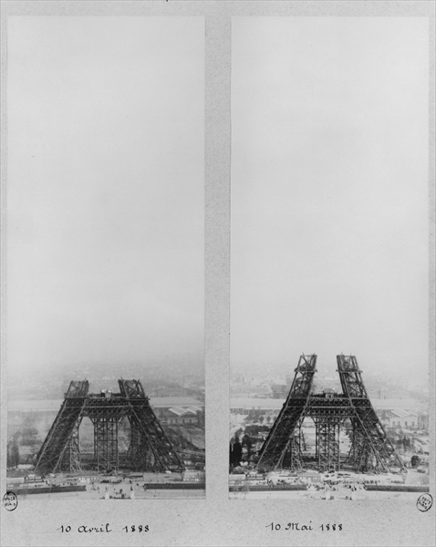 Two views of the construction of the Eiffel Tower, Paris, 10th April and 10th May 1888 (b/w photo)  à Photographe français