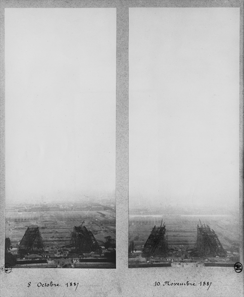 Two views of the construction of the Eiffel Tower, Paris, 8th October and 10th November 1887 (b/w ph à Photographe français