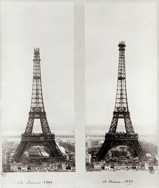 Two views of the construction of the Eiffel Tower, Paris, 12th February and 12th March 1889 (b/w pho à Photographe français