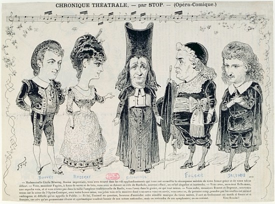 Five caricatures of the cast of a French production of ''The Barber of Seville'', à Gioachino Rossini