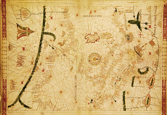 The Central Mediterranean, from a nautical atlas, 1520(see also 330916-330918) à Giovanni Xenodocus da Corfu