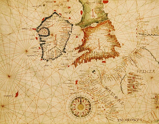 The French Coast, England, Scotland and Ireland, from a nautical atlas, 1520(detail from 330910) à Giovanni Xenodocus da Corfu