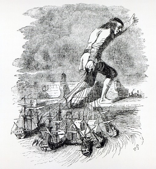 Gulliver stealing the Blefuscudian fleet, illustration from ''Gullivers Travels'' Jonathan Swift à Grandville (Jean Ignace Isidore Gerard)