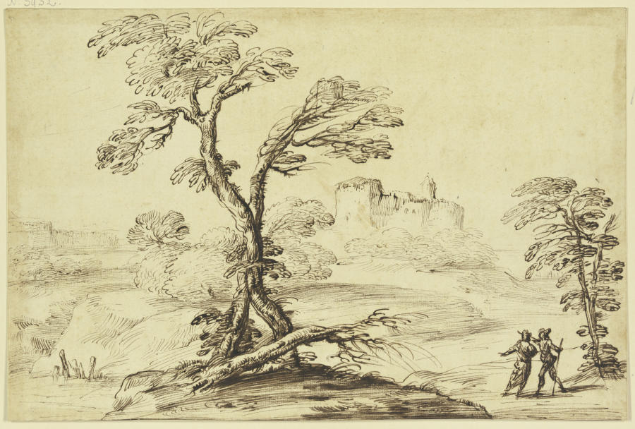 Vorne zwei ineinander verschlungene Bäume, rechts zwei Figuren, im Mittelgrund eine Burg à Guercino (Giovanni Francesco Barbieri)