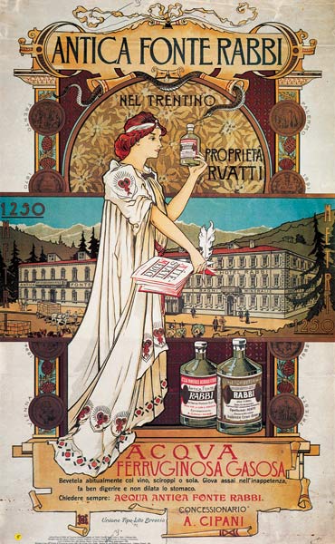 Poster advertising medicinal water from the 'Antica Fonte di Rabbi nel Trentino' à École italienne