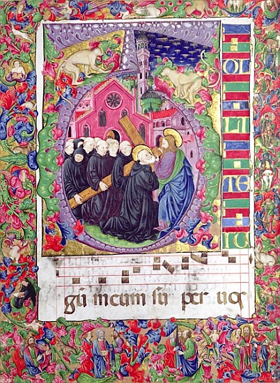 Historiated initial ''Q'', depicting Christ holding the cross of St. Benedict and the Benedictine mo à École italienne