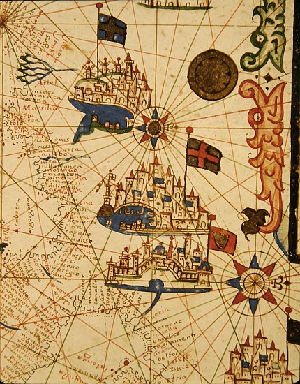 Marseille, Genoa and Venice, from a nautical atlas, 1646(detail from 330937) à École italienne