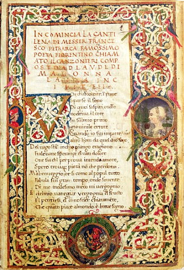 Ms.392 fol.1 Song in praise of Laure, from ''Sonetti, Canzoni e Triomphi'' Petrarch (1304-74) 1470 à École italienne