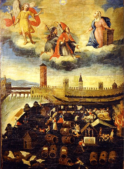 Votive banner depicting the plague in Trento in 1636 à École italienne
