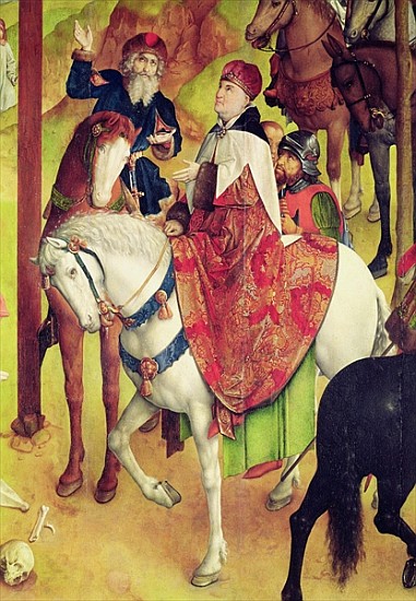 Triptych of the Crucifixion, detail of an equestrian group with Longinus, c.1465-68 à Joos van Gent (Joos van Wassenhove)