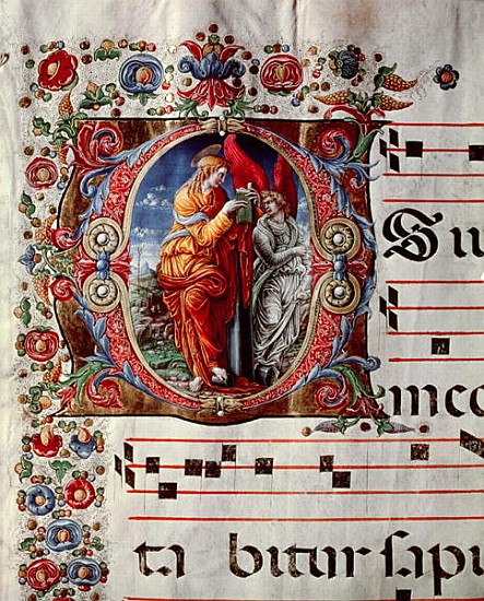 The Annunciation, historiated initial ''O'', detail of a page from an antiphonal, c.1473-79 à Liberale (Bonfanti) da Verona