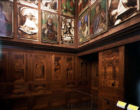The Study of Federigo da Montefeltro, Duke of Urbino: intarsia panelling depicting open cupboards an à Pedro Berruguete