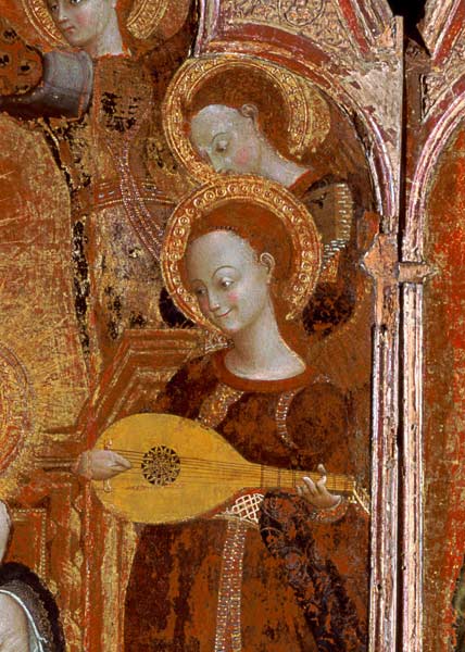 Detail of angel musicians from a painting of the Virgin and Child surrounded by six angels, 1437-44 à Sassetta (Stefano di Giovanni di Consolo)