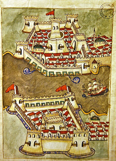 Ms. cicogna 1971, miniature from the ''Memorie Turchesche'' depicting fortresses on the Bosphorus à École vénitienne