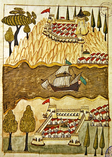 Ms. cicogna 1971, miniature from the ''Memorie Turchesche'' depicting the two great fortresses on th à École vénitienne