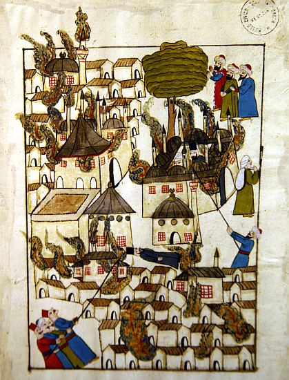 Ms. cicogna 1971, miniature from the ''Memorie Turchesche'' depicting the great fire at Constantinop à École vénitienne