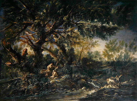 Landscape with Monks praying, or The Great Wood (oil on canvas) à A. Magnasco
