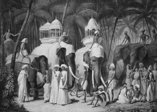 Elephants of the Raja of Travandrum, from 'Voyage in India' engraved by Louis Henri de Rudder (1807- à A. Soltykoff
