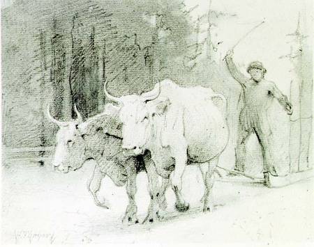 A French Peasant Driving Oxen (charcoal) à Abbott Handerson Thayer