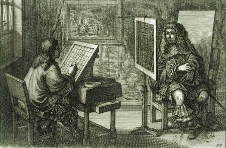 Artist painting a portrait over a grid for accurate proportion à Abraham Bosse