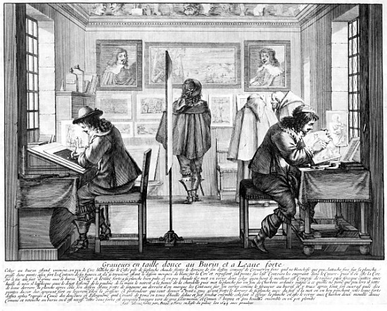 Plate engravers working with gallery behind à Abraham Bosse