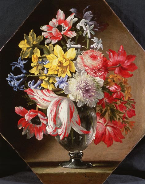 A Glass Vase of Flowers on a Stone Ledge Containing Tulips, Chrysanthemums, Roses and Bluebells à Abraham Brueghel