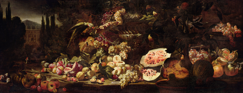 Still life of fruit with a green parrot and a silver vase à Abraham Brueghel
