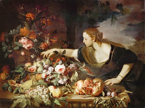 Woman taking fruit à Abraham Brueghel