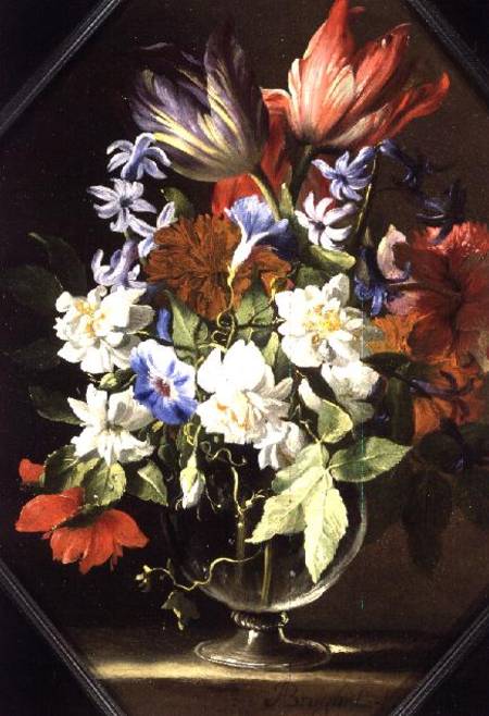 A Vase of Flowers on a Stone Ledge Containing Tulips, Chrysanthemums, Dahlias and Narcissi à Abraham Brueghel