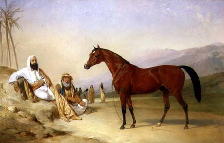Two Bedouin with a Bay Arab Stallion in the Desert à Abraham Cooper