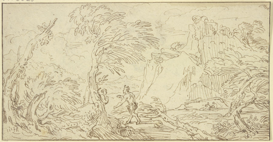 Ein Satyr geht auf ein Weib los, das hinter einem Baum steht à Abraham Genoels le Jeune