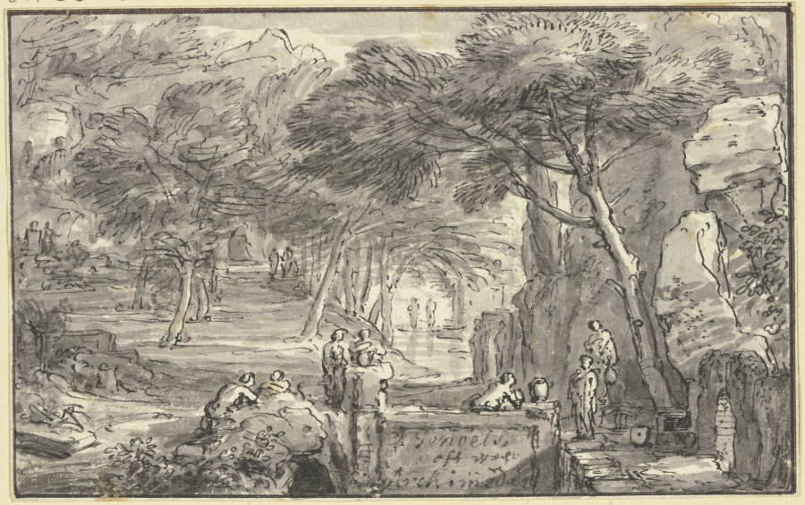 In einem Hain bei einem Brunnen viele Figuren à Abraham Genoels le Jeune