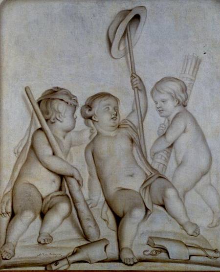 The Three Cherubs (grisaille), Putti with the attributes to Hercules and Mercury à Abraham Hendrick van Beesten