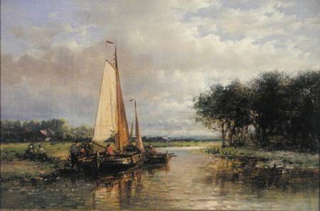 Dutch Barges on a River à Abraham Hulk
