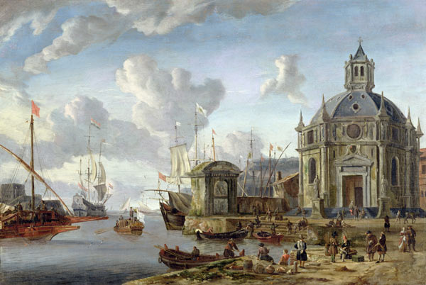 A capriccio of a Mediterranean Harbour with merchants and shipping at anchor à Abraham J. Storck