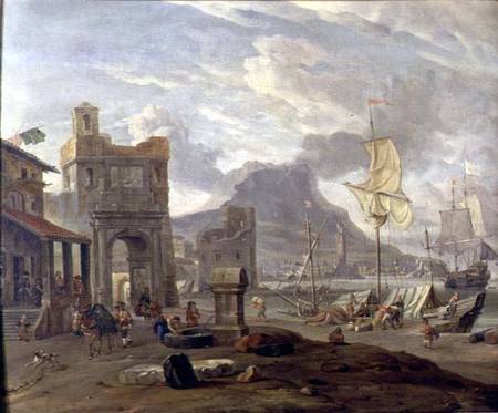 Sea Port with Large and Small Ships à Abraham J. Storck