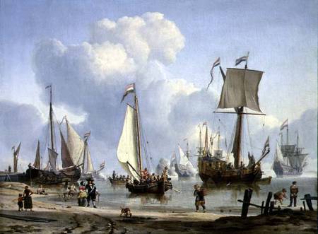 Ships in Calm Water with Figures by the Shore à Abraham J. Storck