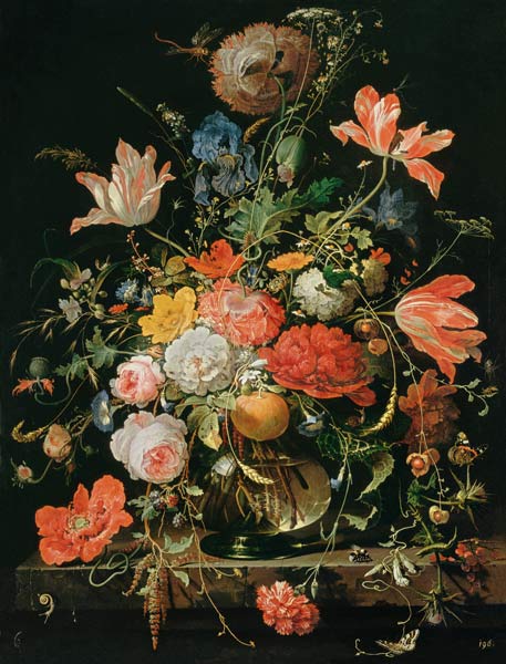 Un verre avec des fleurs et la branche orange à Abraham Mignon