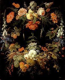 Un Fruechtekranz et de fleurs. à Abraham Mignon