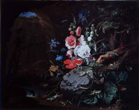 Flowers and birds in a cave à Abraham Mignon