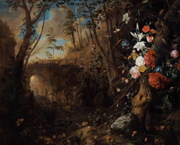 Paysage de rive avec des fleurs à Abraham Mignon