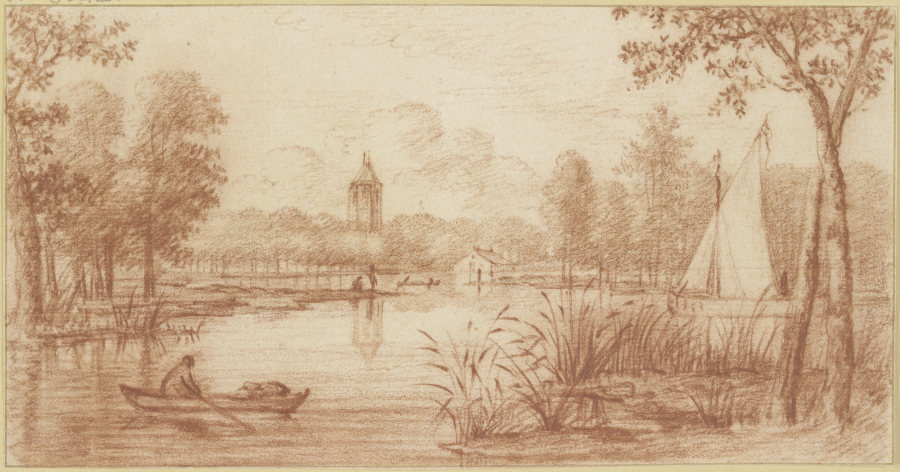 Flussgegend zwischen Bäumen, rechts ein Segelschiff, links ein Boot, im Hintergrund ein Turm à Abraham Rutgers