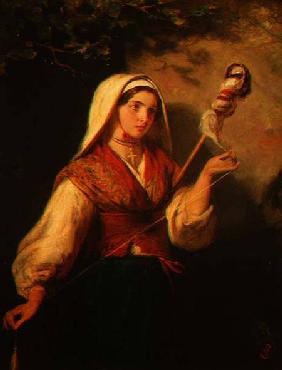 Young Woman Spinning Wool